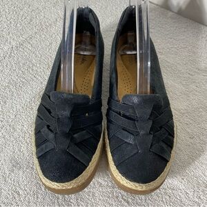 Clarks Elaina Petal Loafer Black Suede Leather Woven Slip On Espadrille Shoes 6